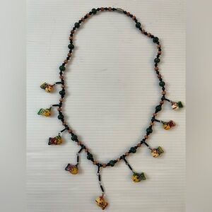 Necklace With Wood Beads & Colorful Wooden Painted Fish Novelty
